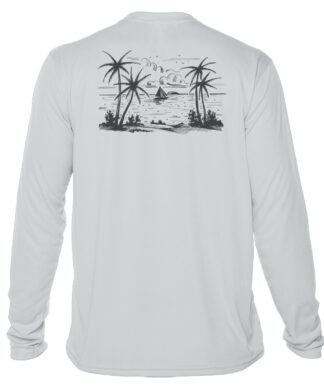 UPF 50+ Sun Protection Shirt with Tropical Beach Design.