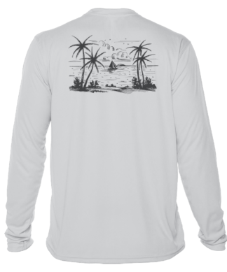 A white long sleeve rash guard with an image of a beach and palm trees.