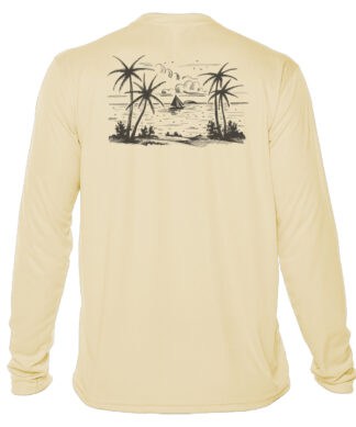 UPF 50+ long sleeve sun shirt with palm tree and sailboat design, perfect for beach and outdoor sun.