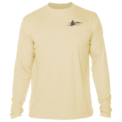 A men's long sleeve rash guard shirt with an image of a sailboat.