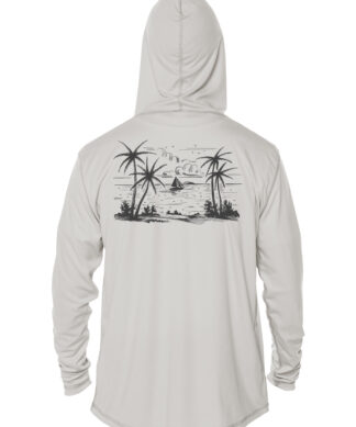 UPF 50+ sun protection hoodie with tropical sailboat and palm tree design, perfect for beach days an.