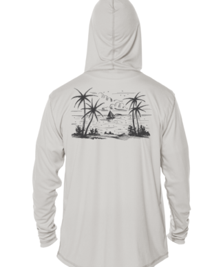 A white solar shirt with an image of a beach and palm trees.