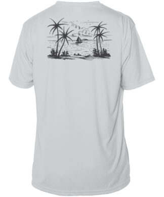 UPF 50+ Pearl Grey Sun Shirt with palm tree and sailboat design, perfect for beach and outdoor activ.