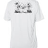Sun protection UPF 50+ short sleeve shirt with tropical sailboat and palm tree design.