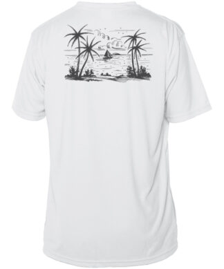 Sun protection UPF 50+ short sleeve shirt with tropical sailboat and palm tree design.