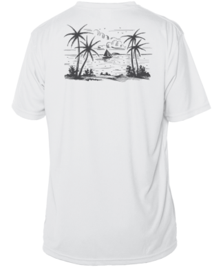 A white performance shirt with a drawing of palm trees.