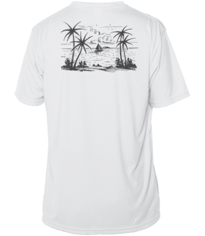 A white performance shirt with a drawing of palm trees.