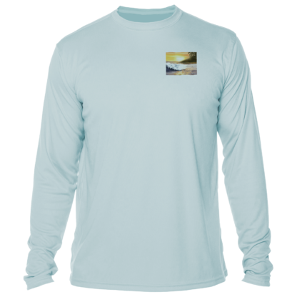 A men's light blue long sleeve UV shirt with an image of the ocean.