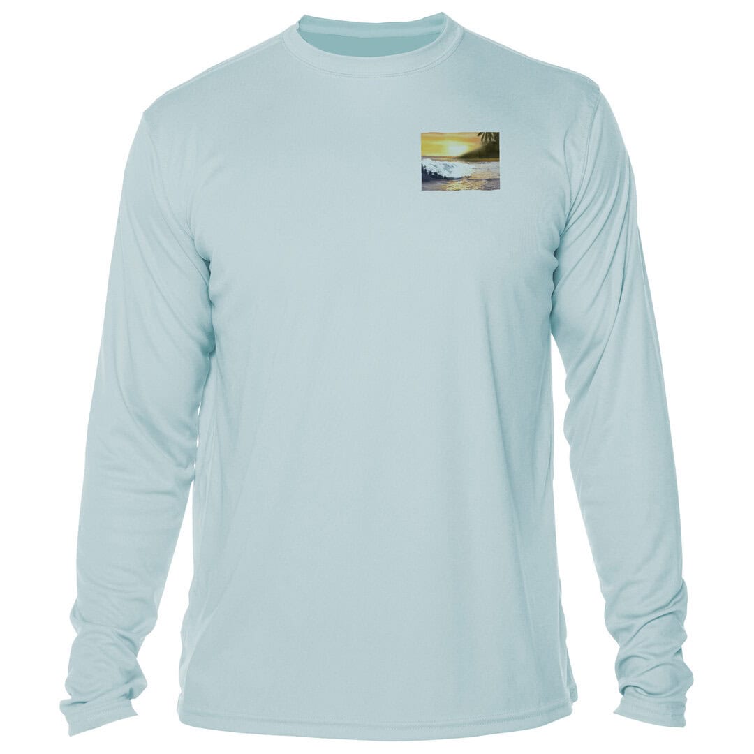 Light blue long-sleeve shirt with sunset beach graphic, perfect for sun protection.