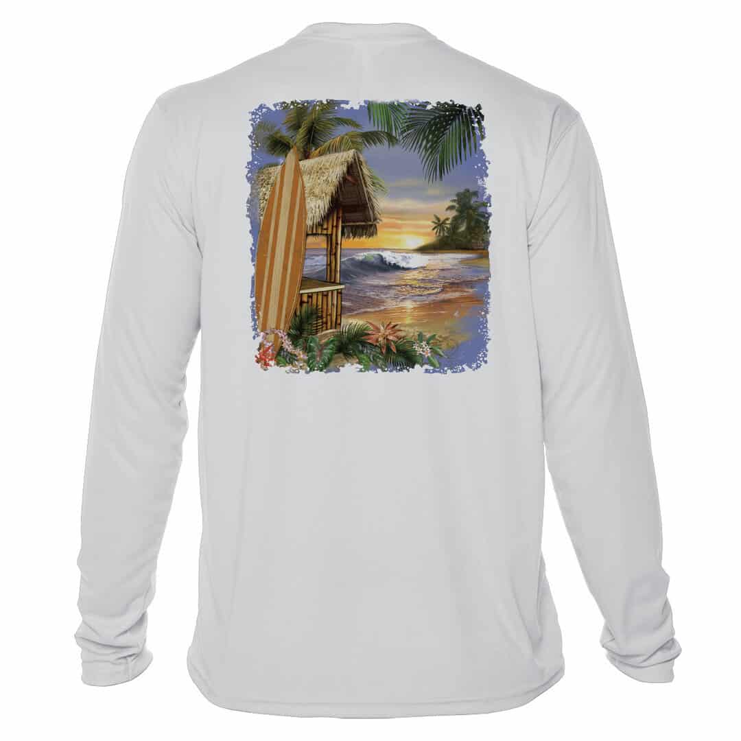 Long sleeve UPF 50+ sun shirt with tropical beach print in Pearl Grey, XS.