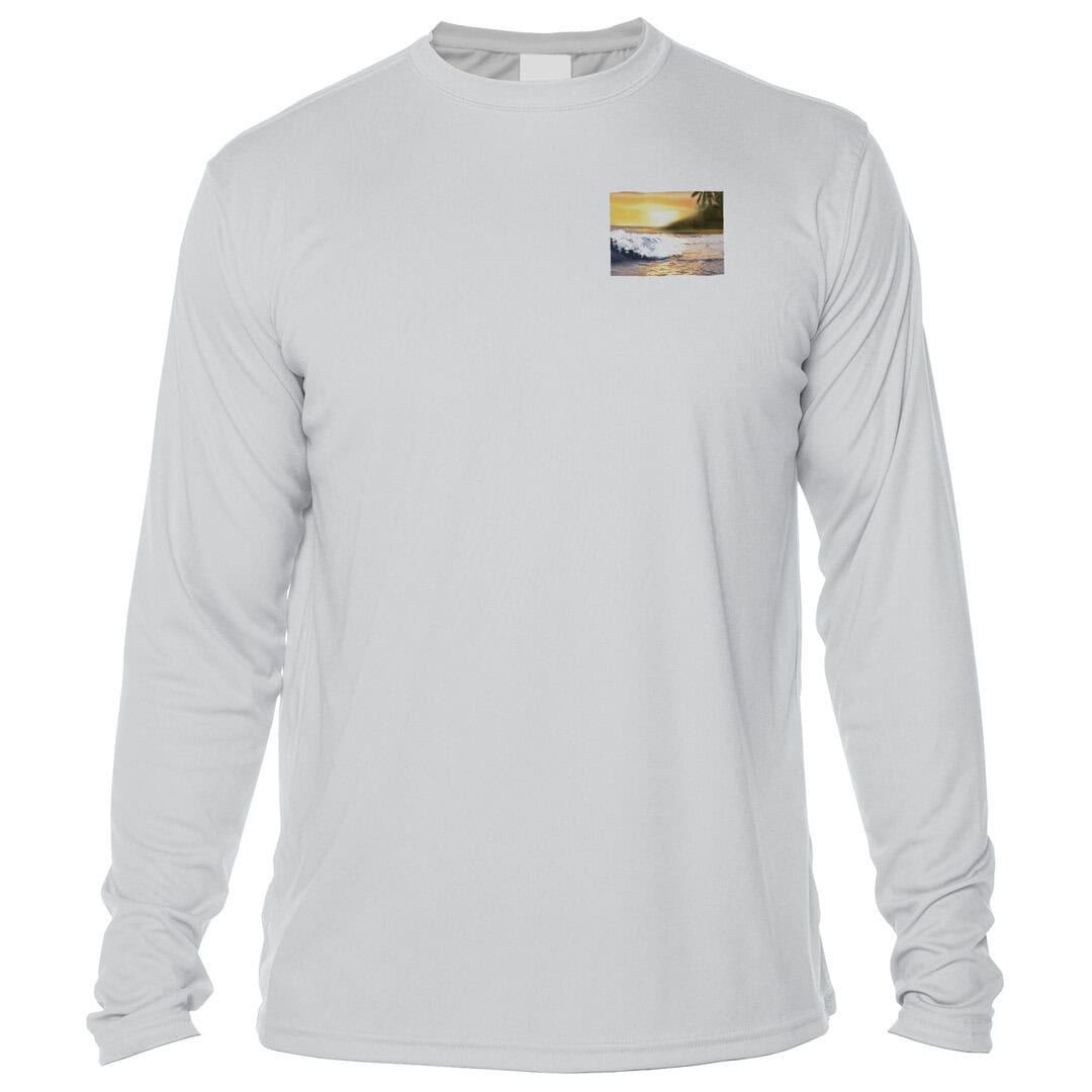White long-sleeve shirt with sunset beach print, perfect for Key West sun protection.