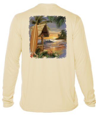 Beach scene with surf shack and sunset on a long sleeve UPF 50+ shirt. Perfect for sun protection an.
