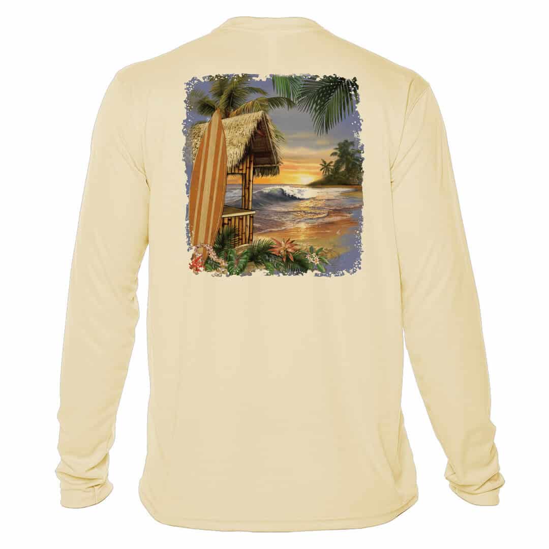 Beach scene with surf shack and sunset on a long sleeve UPF 50+ shirt. Perfect for sun protection an.