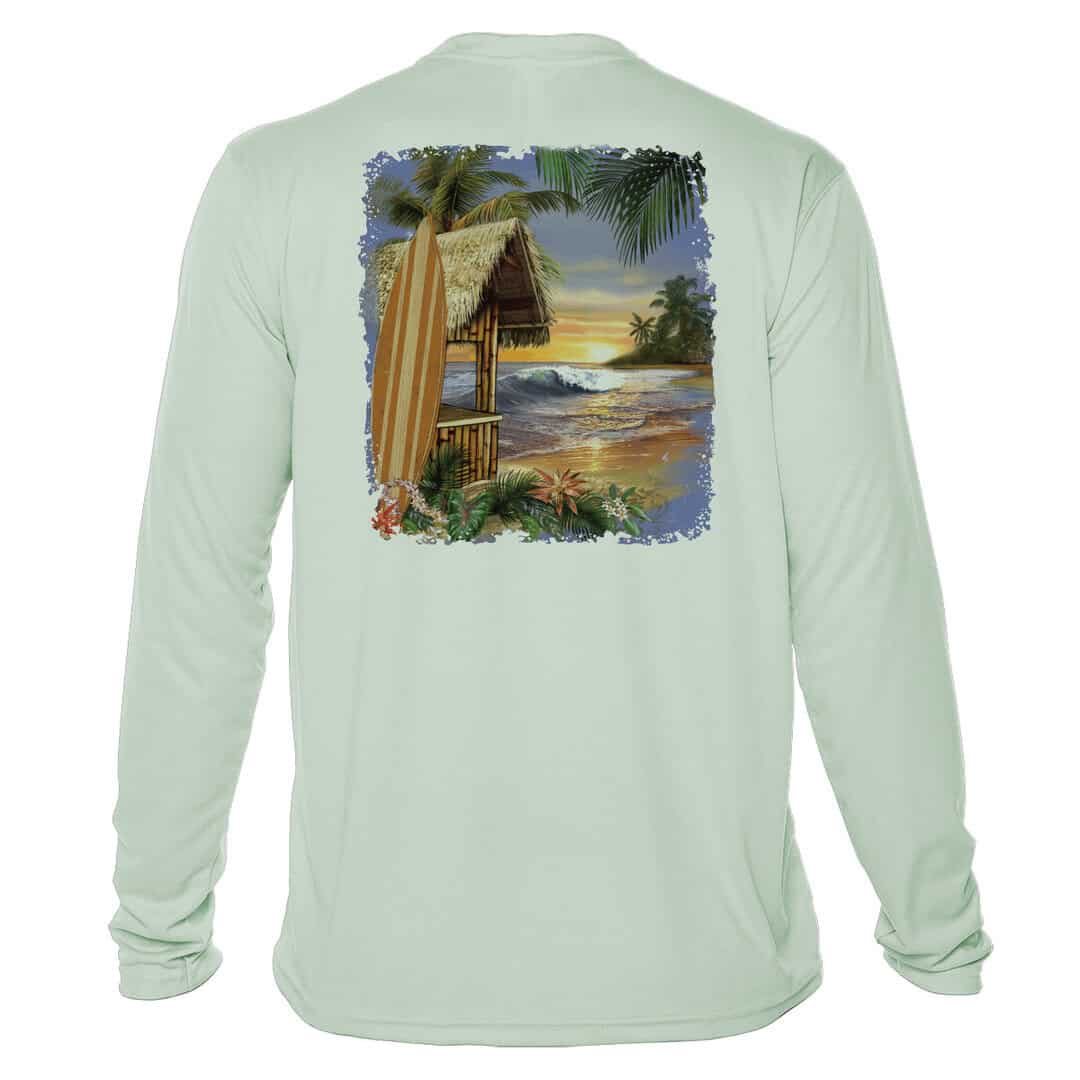 Long sleeve UPF 50+ sun shirt with tropical beach print, perfect for sun protection.