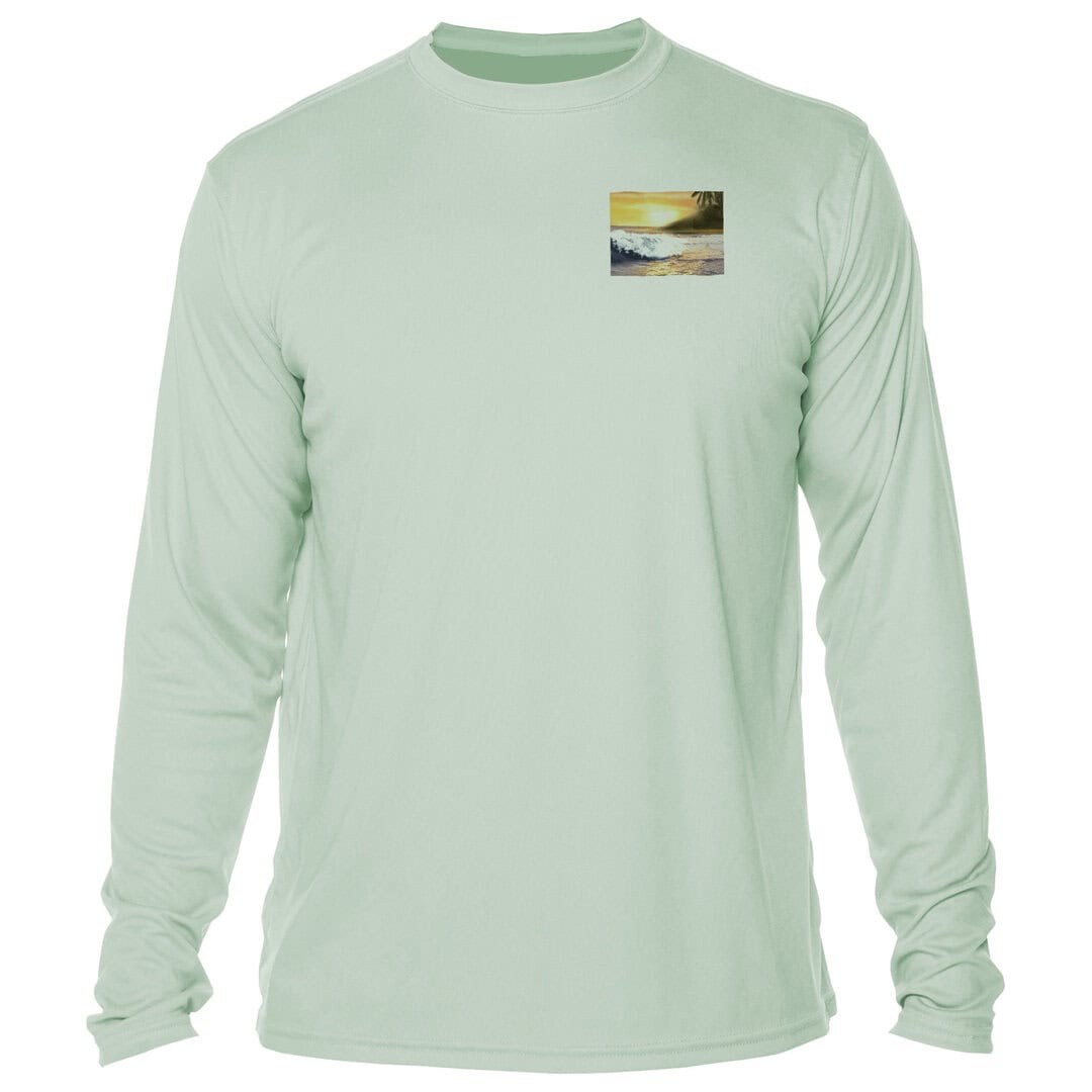 Light green long sleeve shirt with sunset beach print, perfect for sun protection.