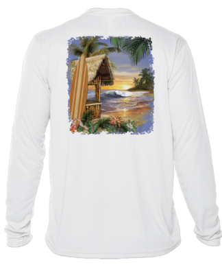 A white long-sleeve performance shirt with a surfboard and palm trees.