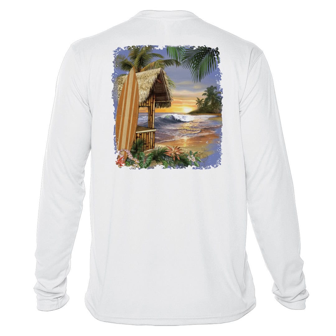 Sun protection long sleeve shirt with tropical beach scene print.