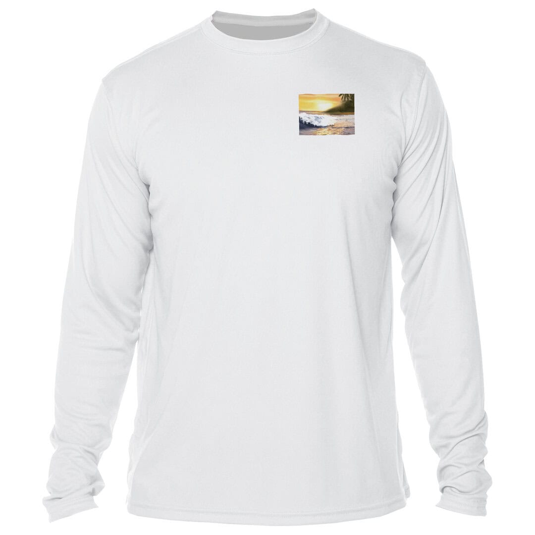 White long-sleeve shirt with sunset beach scene print, perfect for Key West sun lovers.