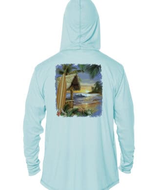 UPF 50+ Arctic Blue Hoodie with beach scene print, perfect for sun protection.