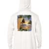 Hooded UPF 50+ sun protection hoodie with tropical beach scene print. Perfect for beach days and out.