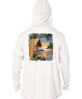 A white hoodie with an image of a beach hut and palm trees, suitable for performance activities.