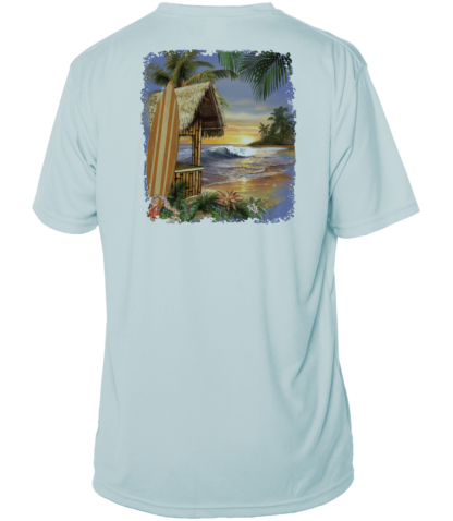 A light blue UV shirt with an image of a beach hut and palm trees.