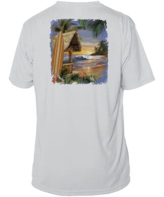 Beach scene with surf shack and sunset on a white T-shirt.