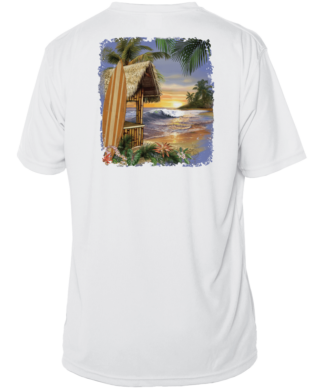 A UV shirt with an image of a beach hut and palm trees.
