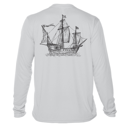 A men's long sleeve performance shirt with an image of a sailing ship.