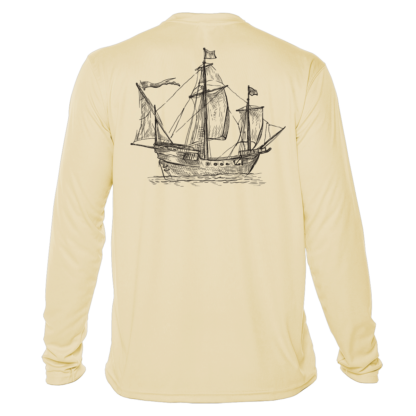 A men's long-sleeved UV shirt with an image of a sailing ship.