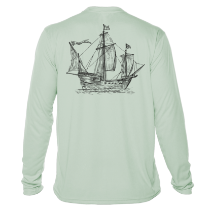 A men's long sleeve UV shirt with an image of a sailing ship.