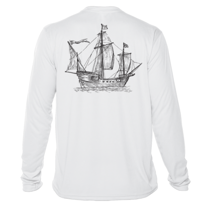 A white long-sleeved performance shirt with an image of a sailing ship.