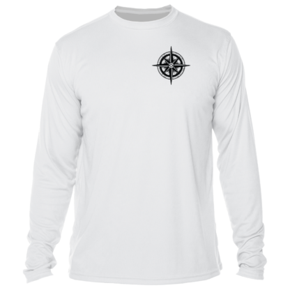 A white long-sleeve t-shirt with a compass on it.