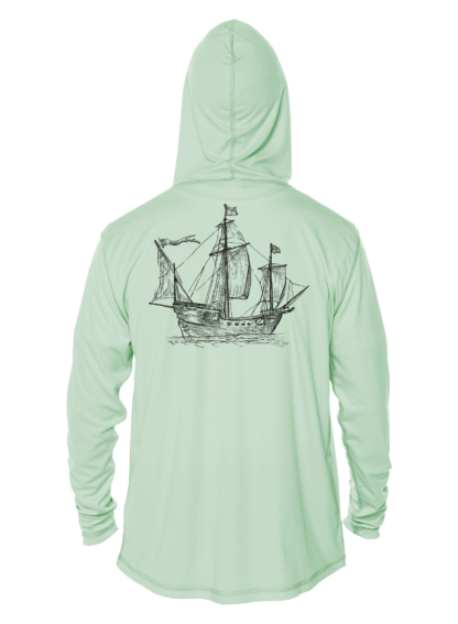 A green sun shirt with a drawing of a ship on it.