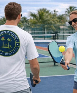 Pickleball performance shirt with Southernmost Pickleball logo, perfect for beachside sports and sun.