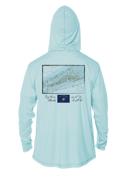 A Shrimp Road Surf Co - Navigation Chart Sun Shirt - UV Hoodie with a map on it.