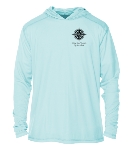 A Shrimp Road Surf Co - Navigation Chart Sun Shirt - UV Hoodie with a compass on it.