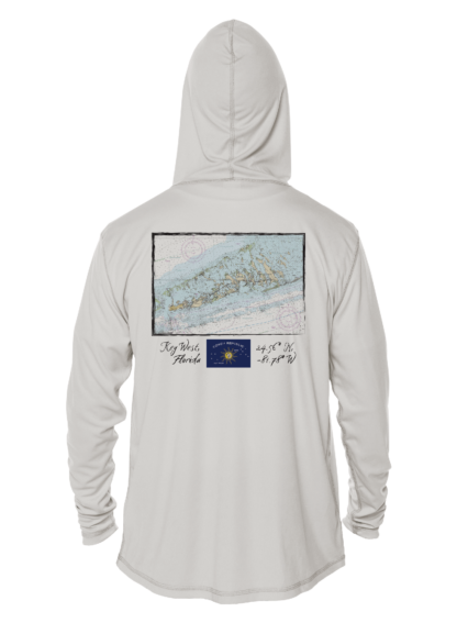 A Shrimp Road Surf Co - Navigation Chart Sun Shirt - UV Hoodie with a map on it.