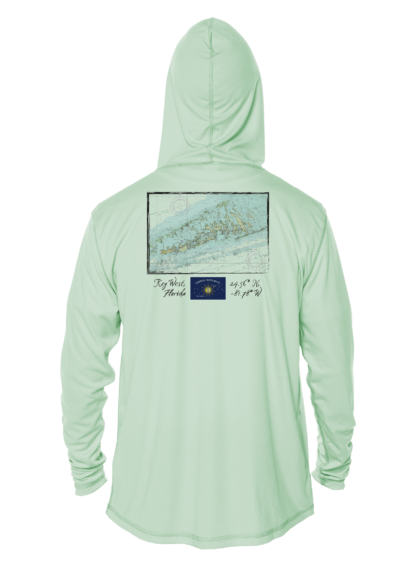 A Shrimp Road Surf Co - Navigation Chart Sun Shirt - UV Hoodie with a map on it.