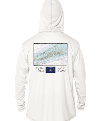 A Shrimp Road Surf Co - Navigation Chart Sun Shirt - UV Hoodie with a map on it.