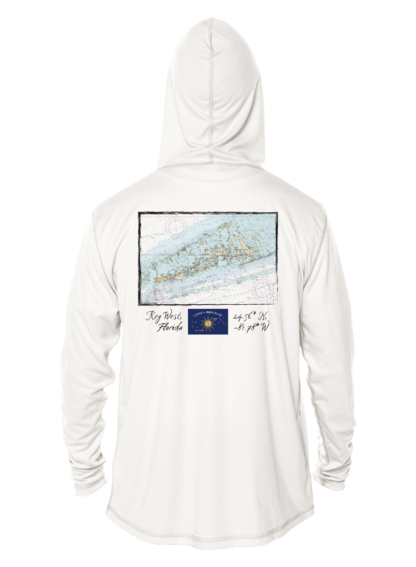 A Shrimp Road Surf Co - Navigation Chart Sun Shirt - UV Hoodie with a map on it.