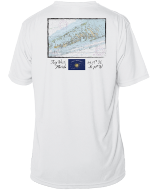 A Shrimp Road Surf Co - Navigation Chart Sun Shirt - UV Crew Short Sleeve with a map and a flag on it.