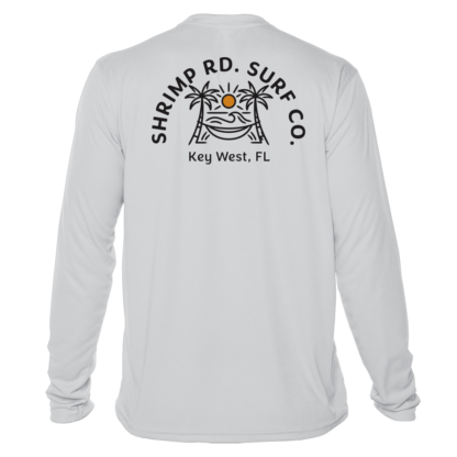 A Shrimp Road Surf Co - Local Vibe Sun Shirt - UV Crew Long Sleeve with an image of a shark and a surfboard.