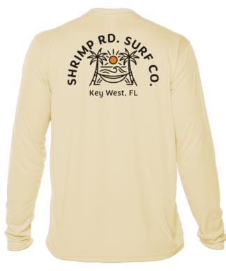 A Shrimp Road Surf Co - Local Vibe Sun Shirt - UV Crew Long Sleeve with an image of a shark and a surfboard.