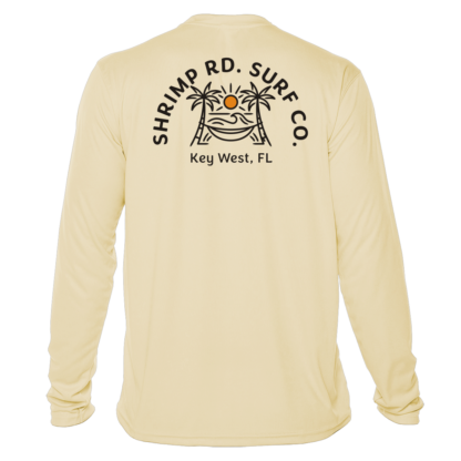 A Shrimp Road Surf Co - Local Vibe Sun Shirt - UV Crew Long Sleeve with an image of a shark and a surfboard.