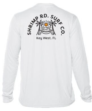 UPF 50+ long sleeve sun shirt with Shrimp Road Surf Co logo and tropical palm design. Perfect for be.