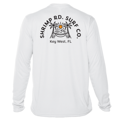 A Shrimp Road Surf Co - Local Vibe Sun Shirt - UV Crew Long Sleeve with an image of a shark and a surfboard.