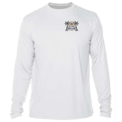 A Shrimp Road Surf Co - Local Vibe Sun Shirt - UV Crew Long Sleeve with an orange logo.