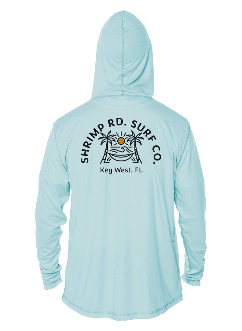 UPF 50+ Hoodie with Shrimp Road Surf Co logo.