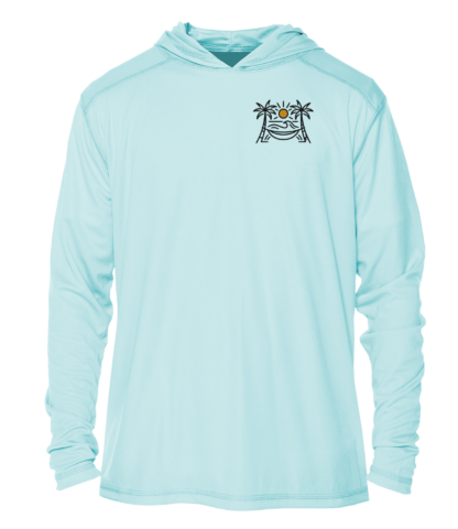 A Shrimp Road Surf Co - Local Vibe Sun Shirt - UV Hoodie with a palm tree on it, perfect as a sun shirt or rash guard.